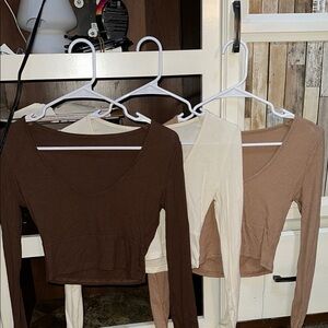 Women's Long Sleeve Crop Tops - Brown, Cream, Tan